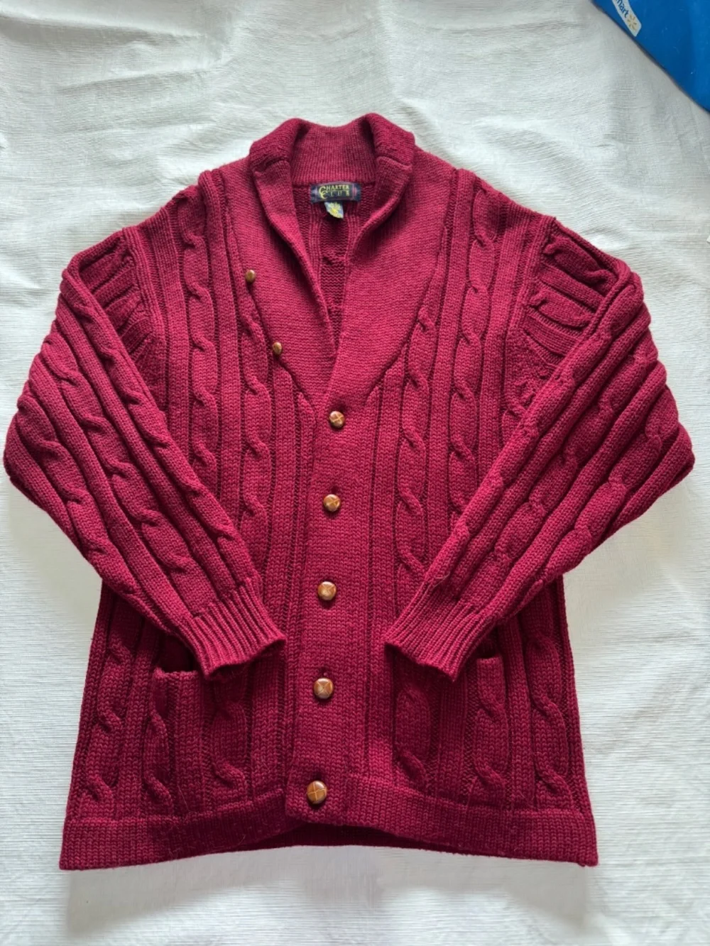 Charter Club Men's Cable Knit Shawl Collar Cardigan in Burgundy Wool Large - Picture 2 of 7